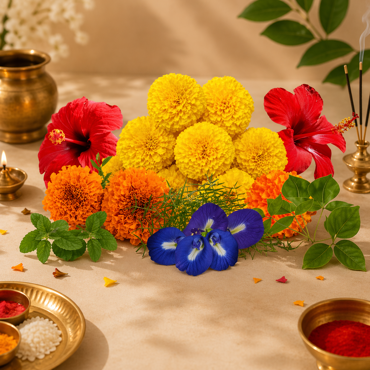 Premium Puja Flower Combo – Marigold, Hibiscus & Aparajita
