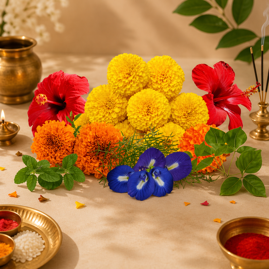 Premium Puja Flower Combo – Marigold, Hibiscus & Aparajita